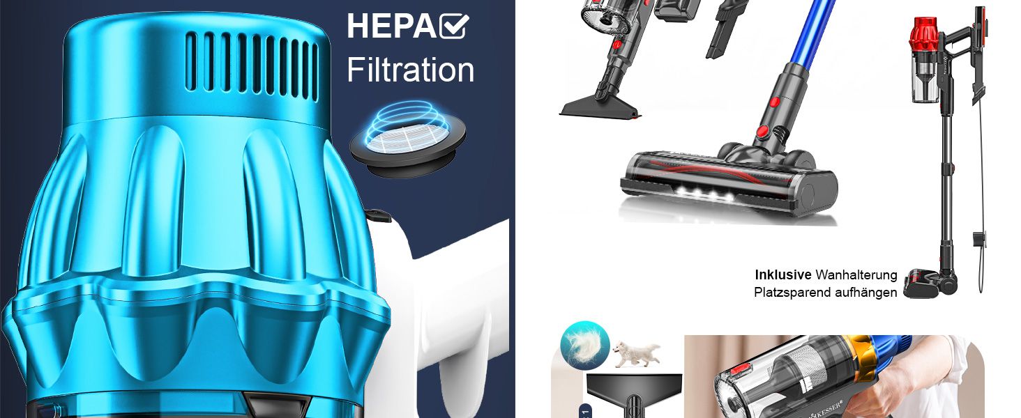 Бездротовий акумуляторний пилосос KESSER® з LED дисплеєм, 70 хв роботи, без мішка, для твердих поверхонь, килимів, шерсті тварин, чорний/червоний