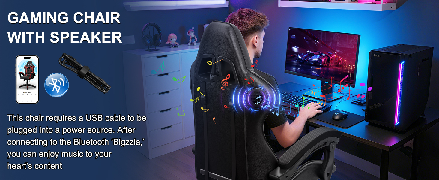 Геймерське крісло Bigzzia Ergonomisch з підтримкою попереку та голови, Bluetooth, чорне - для підлітків та дорослих