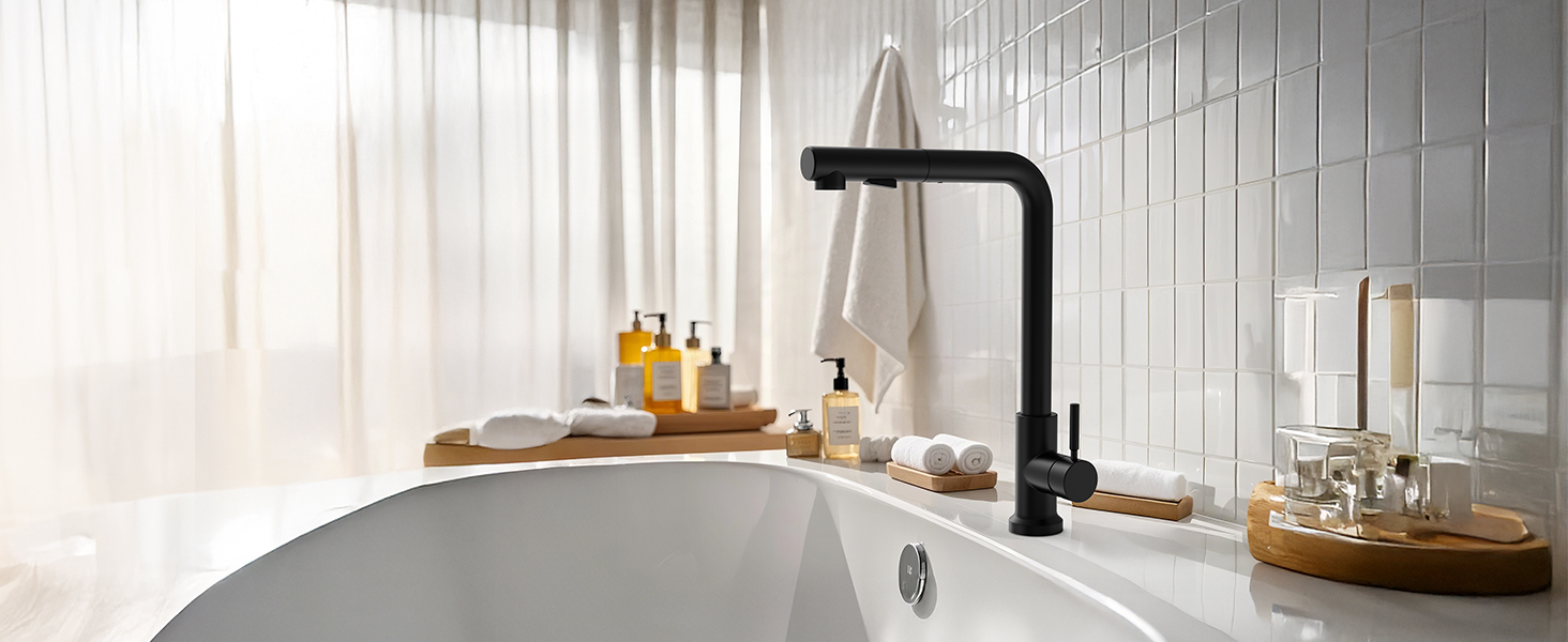 Змішувач кухонний водяний чорний, висувний з душем, 360° поворотний, 2 режими розпилення, для кухні, нержавіюча сталь