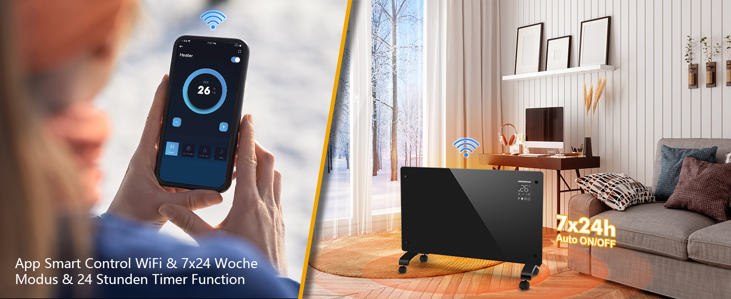 Електричний конвектор Aigostar з термостатом та Wi-Fi, 2000W, для приміщень до 30 м², чорний