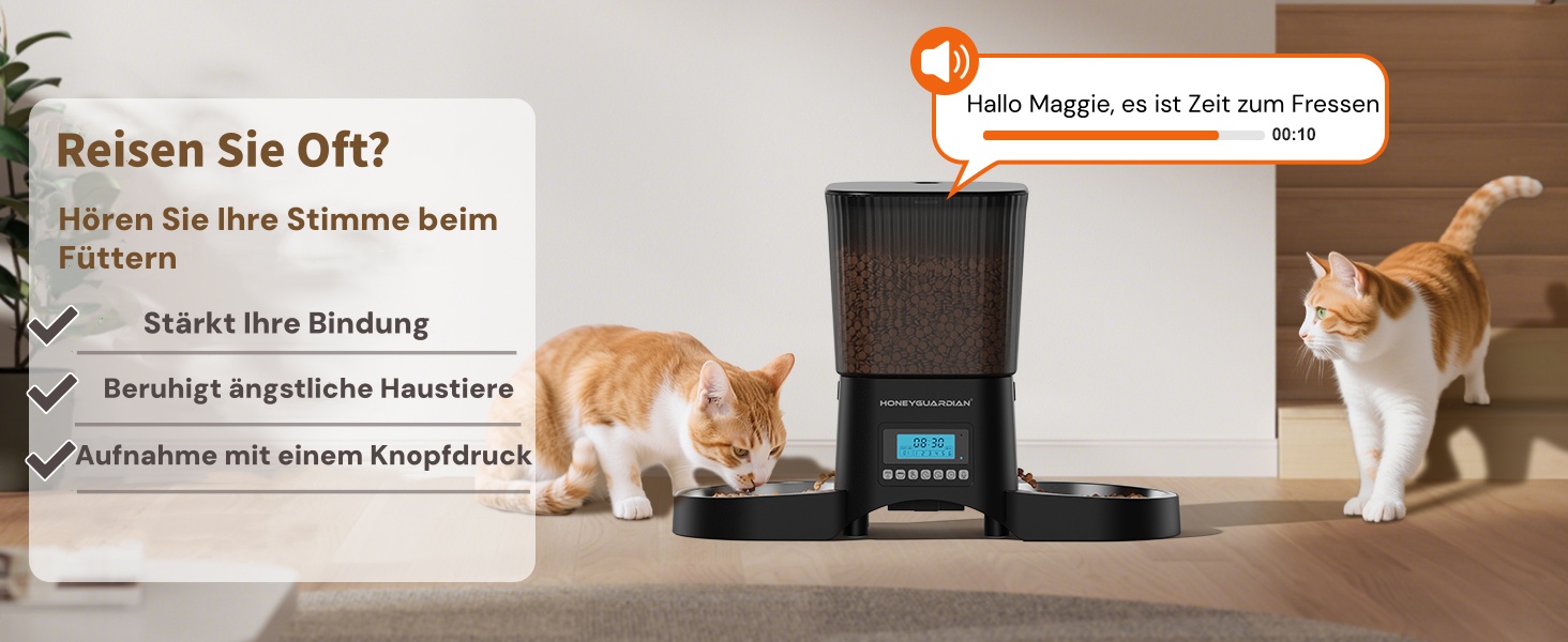 Автоматичний годівник для котів та собак HoneyGuardian з 2 мисками, таймером та великим об'ємом 3.5L, чорний
