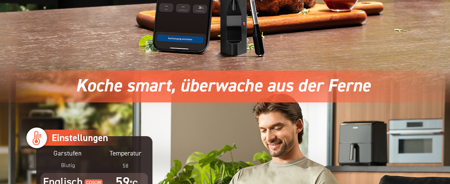 COSORI Смарт термометр для м'яса, бездротовий Bluetooth термометр для гриля та кухні, підходить для аерофритюрниці, мийка в посудомийній машині, чорний