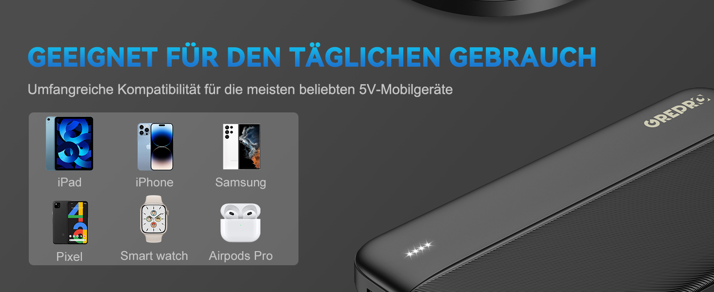 Power Bank GREPRO 10000mAh: компактний зарядний пристрій з USB-C та 2 USB виходами, чорний