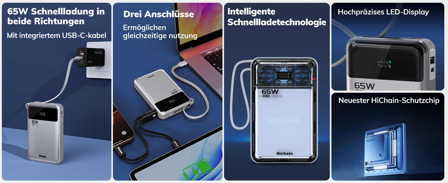 Power Bank Hichain 65W 20000mAh USB-C з кабелем, LED-дисплей, для MacBook, iPhone, Samsung, iPad, планшетів - Синій