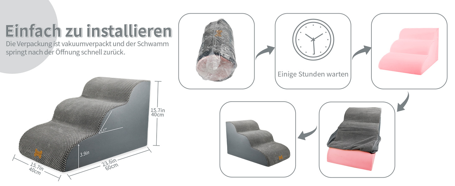 Сходинки для собак Непфайві: 3 сходинки, сірі, 60x40x40 см. Зручні для маленьких собак, знімний, пральний чохол, антиковзаюче покриття