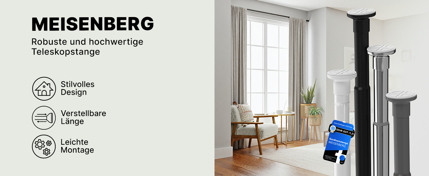 Штанга для карнизів без свердління, біла, Ø 25 мм, телескопічна - для штори, душової кабіни, вікна, кімнати, кухні (70-120 см)