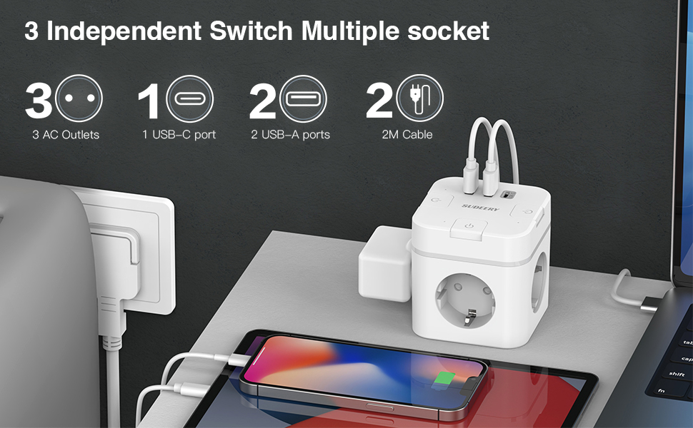 Багатофункціональний розподільник розеток 6 в 1 з USB-C, 3 розетки, плоский штекер, індивідуальне вмикання, кабель 2м, 1 USB-C, для офісу, дому, подорожей (білий)