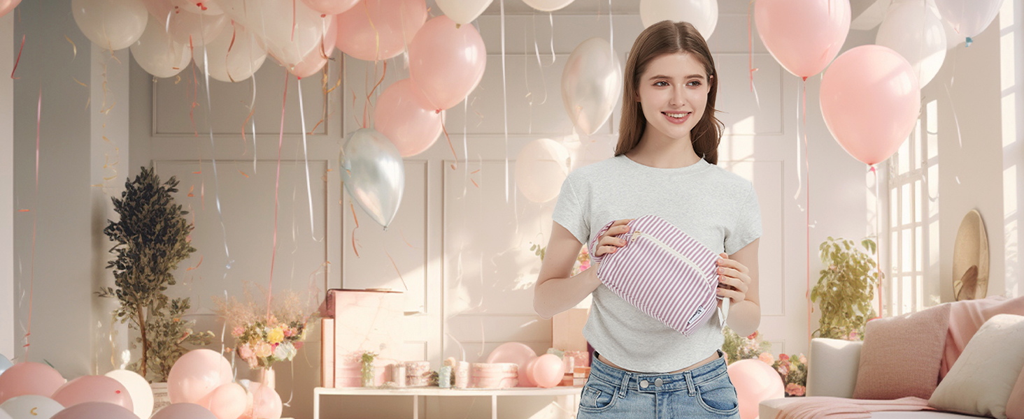 Косметичка жіноча Narwey для подорожей: зручна та містка сумка для косметики та аксесуарів (сіро-блакитний, рожеві смуги)