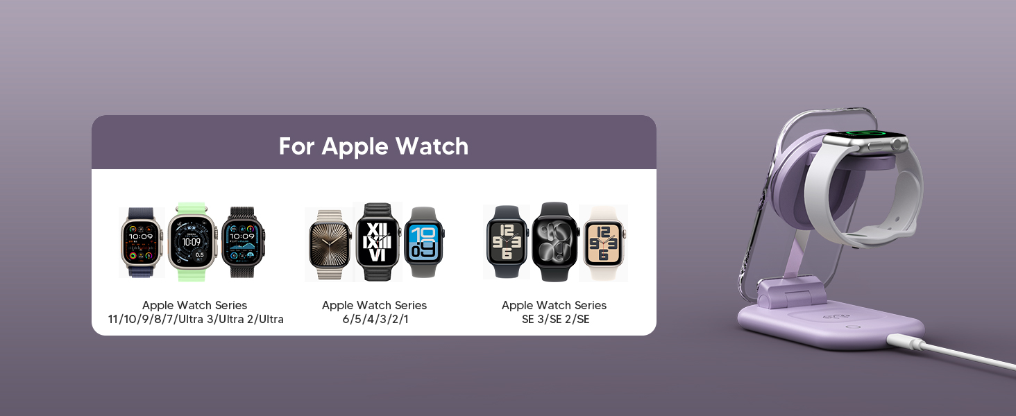 Зарядний пристрій MagSafe 3-в-1 для Apple Watch та iPhone: фіолетовий колір. Підходить для iPhone 17, 16, 15, 14, 13, 12 Pro Max/Air/Plus/Pro та Apple Watch 10/9, Airpods 3/2/Pro