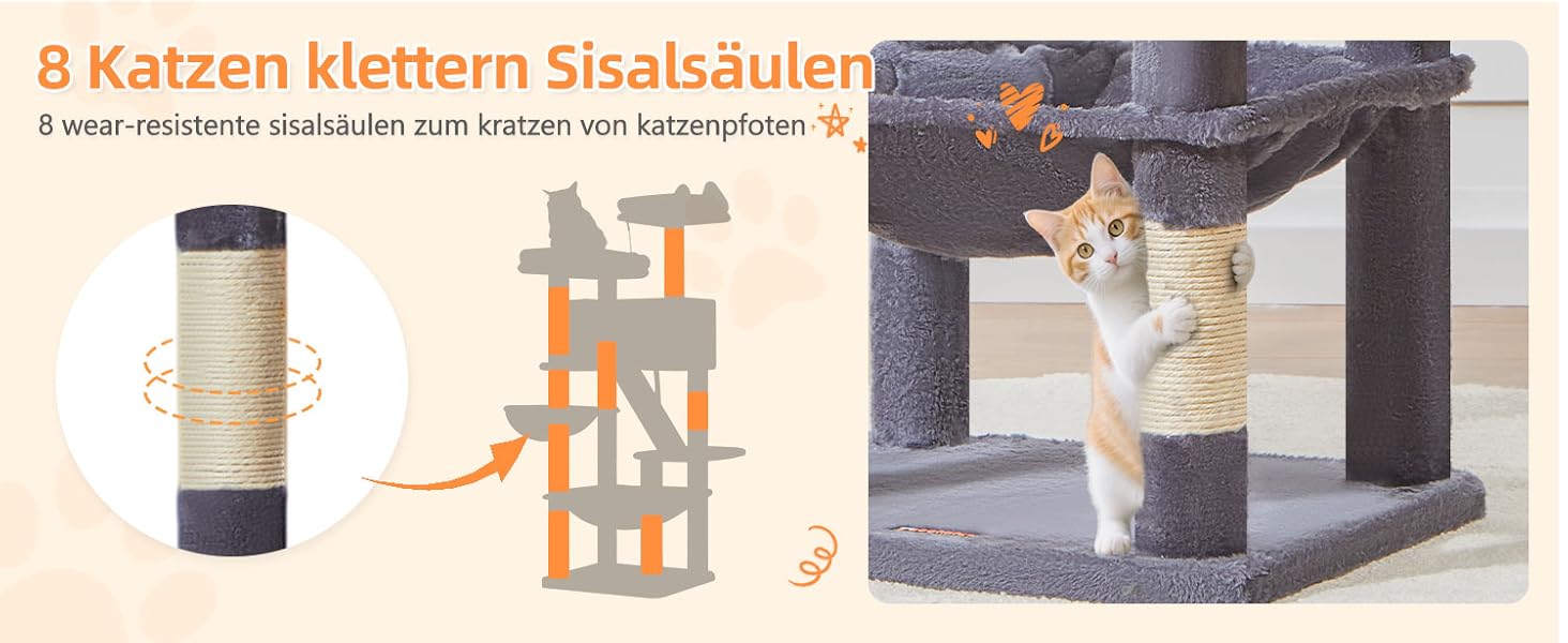 Дерев'яний комплекс для котів Taoqimiao MS026W (темно-сірий, 146 см) з будиночками, гамаком та 8 стовпчиками для шліфування кігтів