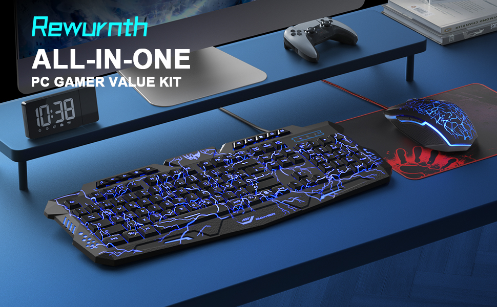 Ігровий набір клавіатури та миші: 114 клавіші QWERTZ DE, LED підсвічування, ергономічна миша з 4 кольорами, великий килимок, USB для PC/PS5/Xbox