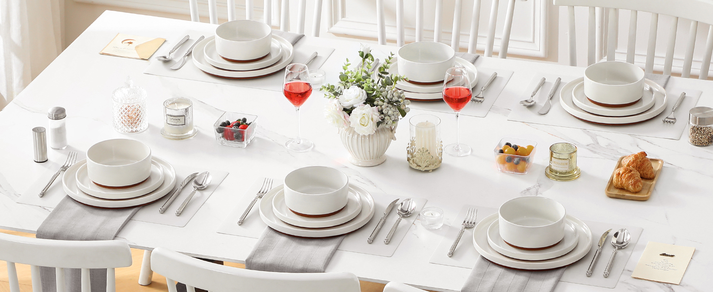 Набір посуду MALACASA з каменю (18 предметів) для 6 осіб, керамічний сервіз з глазур'ю 'сезам', білий з коричневим дном, набір тарілок та мисок