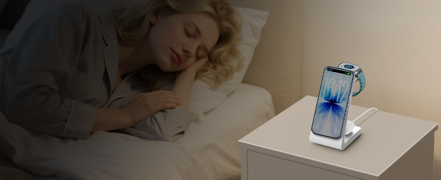 GEEKERA 3-в-1 зарядний пристрій Qi2 з MagSafe, 15W індукційна станція для iPhone 17/16/15/14/13/12, Apple Watch 11-2 та AirPods, білий/сірий