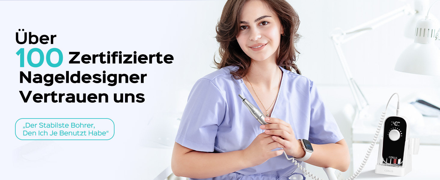 Електрична машинка для манікюру COSLUS 40000 об/хв: професійний набір для догляду за нігтями 6-в-1. Підходить для гелевих та акрилових нігтів, видалення гелю та педикюру. Компактна, тиха, біла.