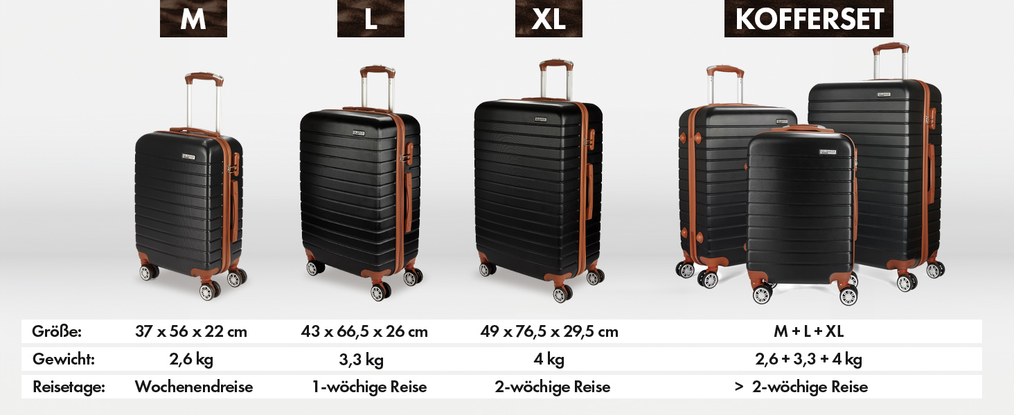 Набір валіз BruBaker Paris - 3 шт. з жорстким корпусом (M, L, XL) з кодовим замком, 4 колеса, ручки. Чорний та світло-коричневий