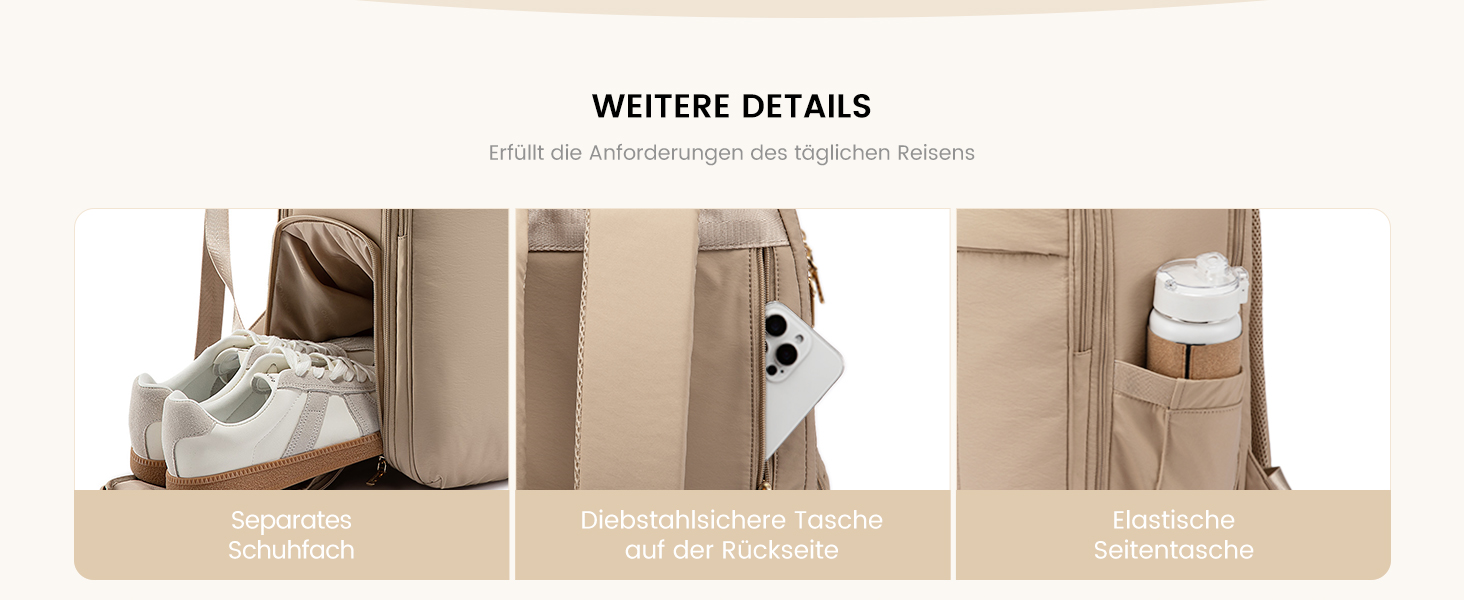 Рюкзак LOVEVOOK для жінок, 40L, ручна поклажа, для подорожей, з відділенням для взуття та ноутбука 17 дюймів, водонепроникний, для бізнес-поїздок та відпочинку, бежевий