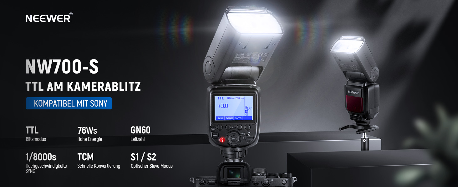 NEEWER NW700-S: Світловий спалах (Blitz) TTL для Sony DSLR, 1/8000s, 1/1-1/256, TCM, 230W, швидка перезарядка