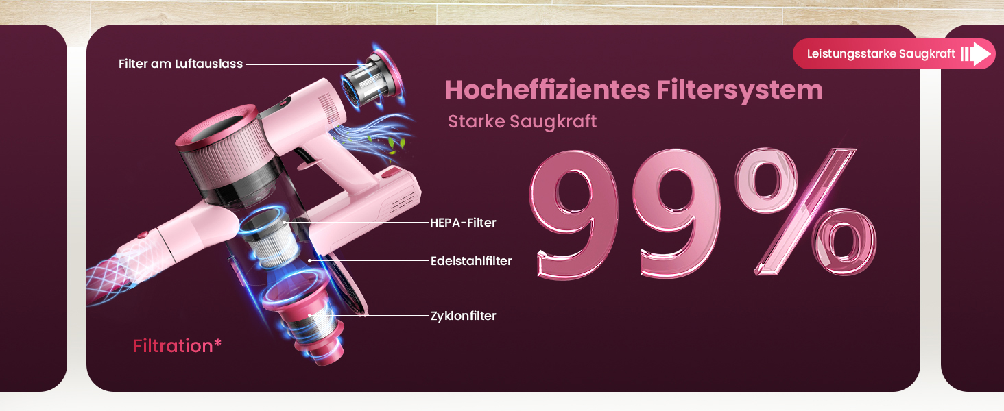 Бездротовий пилосос Dzaki 50000Pa з акумулятором, дисплеєм, функцією паркування та насадкою Anti-Tangle для килимів, твердих поверхонь, шерсті тварин та авто (помаранчево-рожевий)