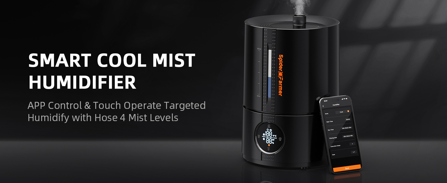 Увлажнитель воздуха Spider Farmer 450 мл/год для растений, палатки Grow, спальни, с гигрометром, автоматическое отключение, черный, 5л, верхнє заповнення