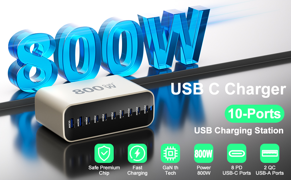 Зарядний пристрій GaN 800W USB-C, 10 портів, для MacBook, Dell, iPhone, Galaxy, ноутбуків, планшетів - Швидка зарядка