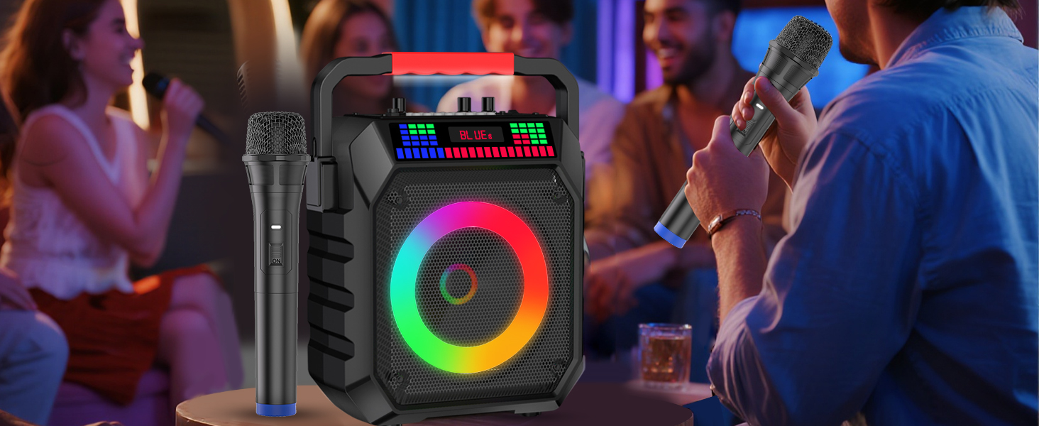 Караоке машина з 2 мікрофонами, портативна Bluetooth колонка з підсвічуванням для дорослих/дітей, PA система, підтримка TF/USB, FM, запис, AUX, для вечірок, співу, DJ, заходів