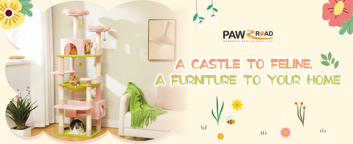 PAWZ Road Драбина-стійка для котів великих порід, 184 см, з гамаком, 7 стовпчиків для дряпання, велика полиця, кошик, для дому (Рожевий)