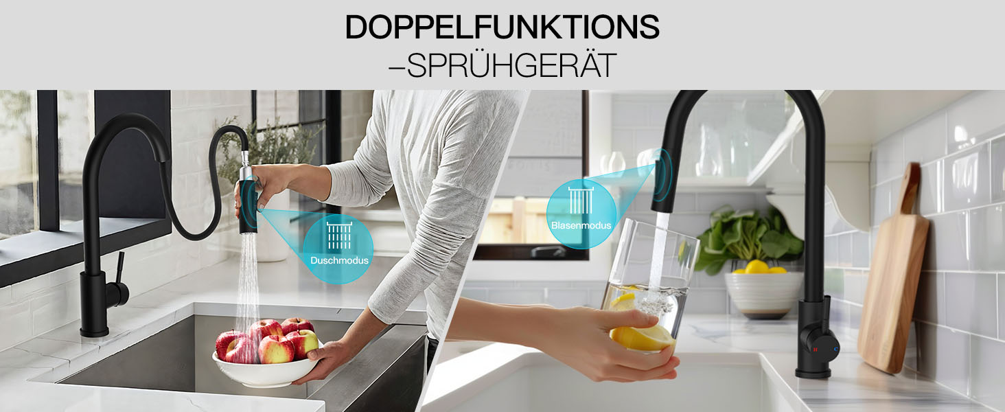 Чорний кухонний змішувач Rainsworth з висувною лійкою та душем, високий (56 см), з двома типами струменя, 360° оберт, з нержавіючої сталі, проста установка