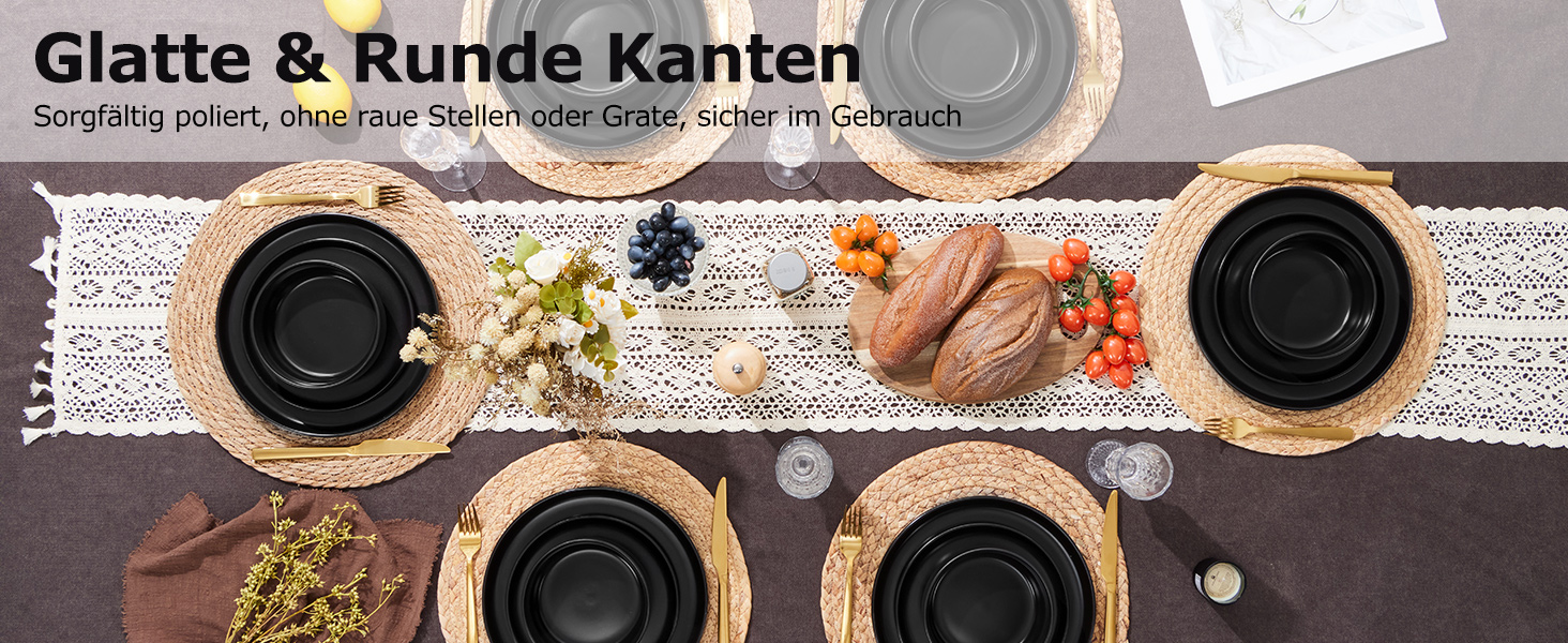 Набір посуду Onader на 6 осіб: 18-ти частинний сервіз з каменю, 6 тарілок, десертних тарілок, мисок, стійкий до миття в посудомийній машині та подряпин (Класичний чорний)
