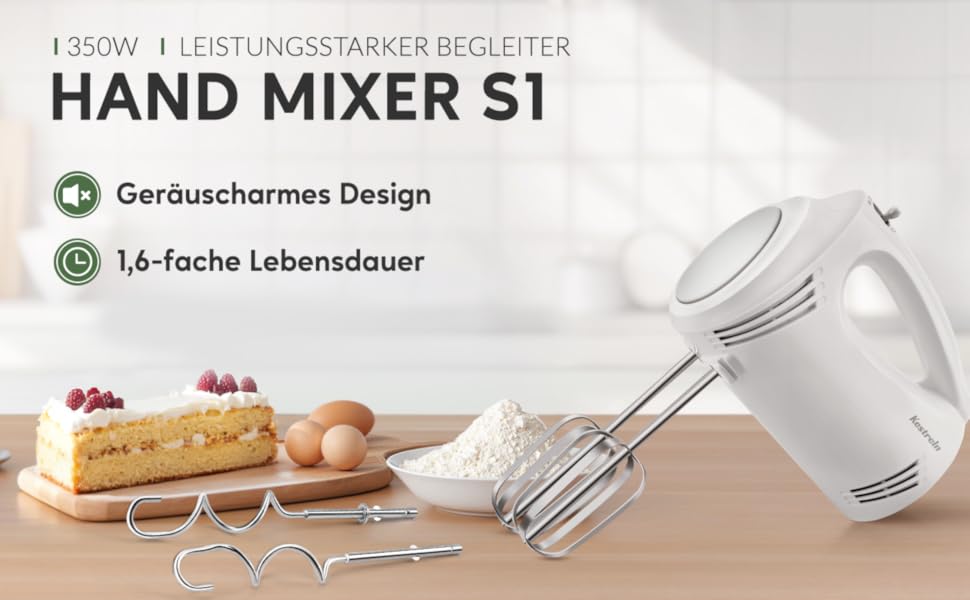 Ручний міксер 350 Вт, 5 швидкостей, з нержавіючої сталі (віночок та гак), ергономічна ручка, довгий кабель, BPA-free – білий KS1 S1