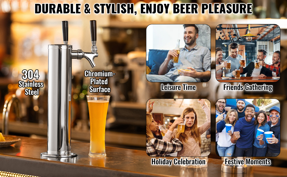 VEVOR Фаптур з двома кранами для пива, з нержавіючої сталі, комплект кегератора з попередньо встановленими шлангами та самозакривними кранами для вечірок, барів, пабів та ресторанів