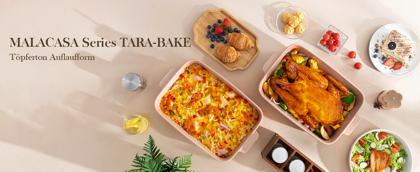 Форма для запікання MALACASA Serie TARA, 4.5л, кераміка, рожева, 35*23.8 см | Для лазаньї, тірамісу та запіканок