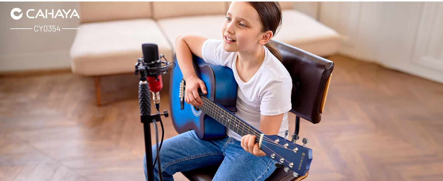 Акустична гітара CAHAYA 38 дюймів: Комплект для початківців, дітей та дорослих, з чохлом, запасними струнами, каподастром, медіаторами, наклейками на лади, синій CY0354