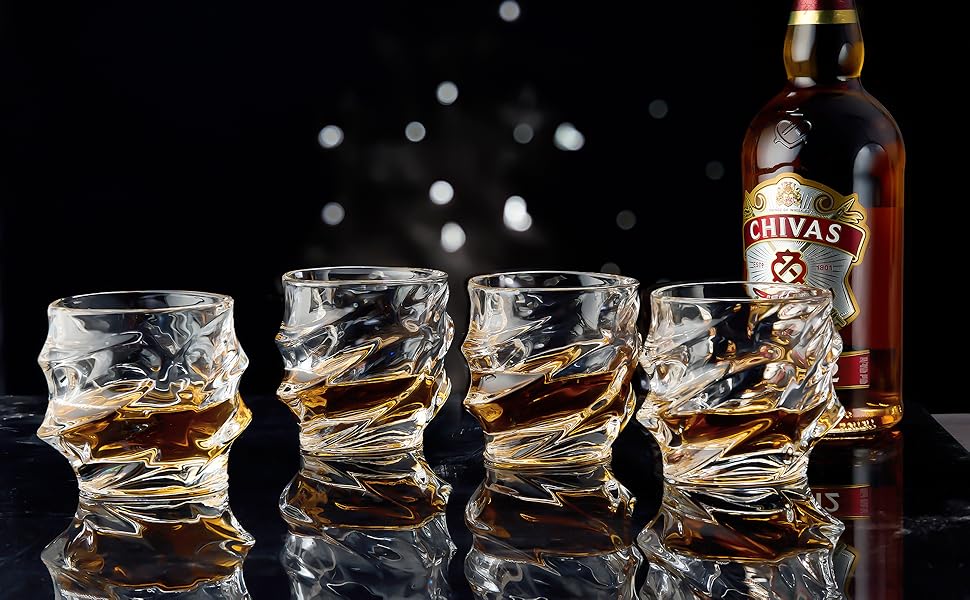 GLASKEY Crystal Whiskey Glasses Set of 4 - 350ml Lead-Free Crystal Glasses for Whiskey, Rum, Vodka, Scotch, Gin, Cognac, Water - Dishwasher Safe