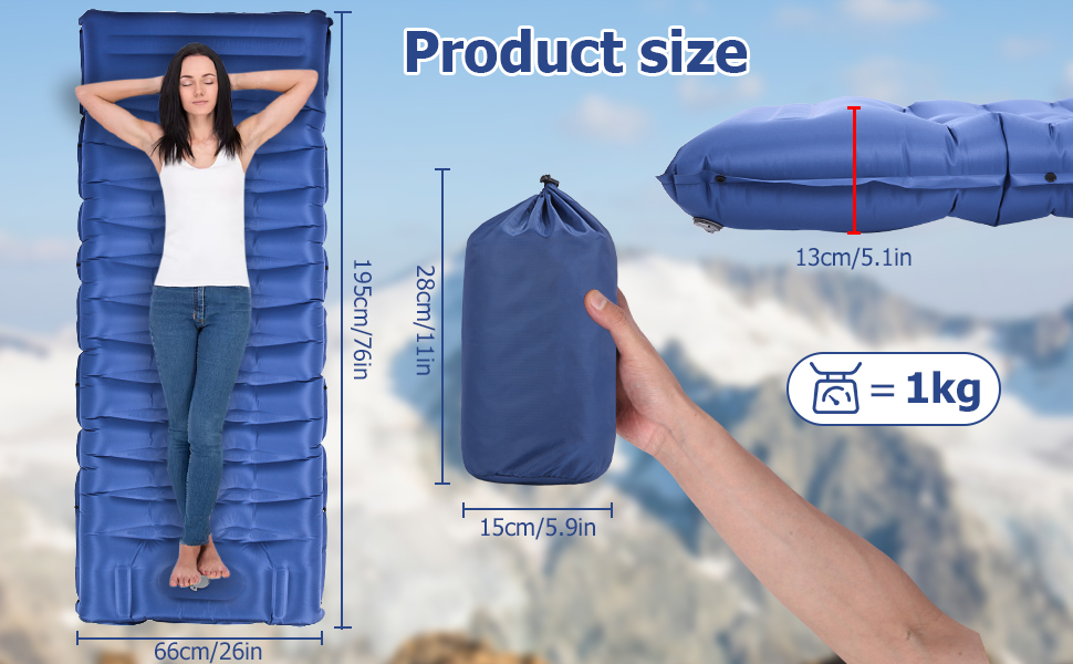 Tixexo Self-Inflating Sleeping Pad - Camping Air Mattress with Foot Pump - 13cm Thick, Spliceable, for Hiking & Outdoor Use (Blue)
