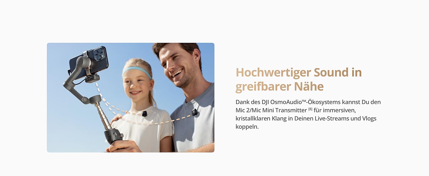 Стабілізатор DJI Osmo Mobile 7P + Mic Mini TX (Polarweiß) – Gimbal для iPhone/Android з мікрофоном, інтегрований штатив та подовжувач, 3-осьова стабілізація