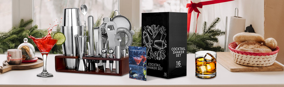 Набір для коктейлів Sosayet, нержавіюча сталь, з аксесуарами та рецептами, 750 мл, для початківців та професіоналів, подарунок для чоловіків (з підставкою)