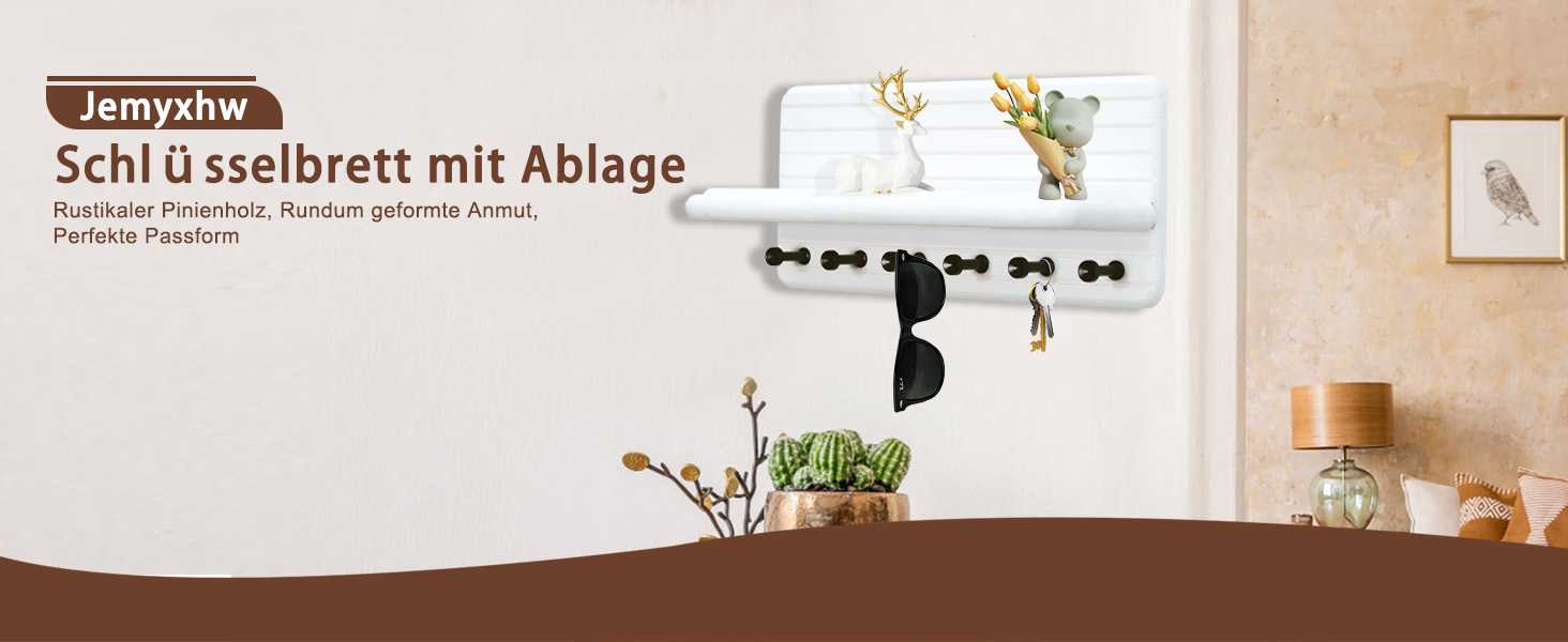 Дерев'яне ключниця з полицею та 6 гачками, ключниця на стіну для прихожого, коридору, кухні (білий)