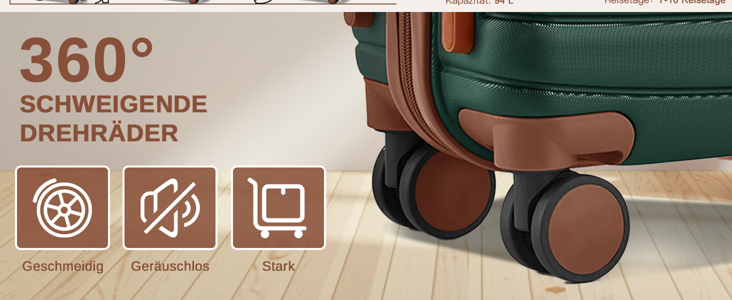 Чемодан KONO Reisekoffer Trolley 3-частинний з ABS+PC, жорсткий, з подвійними колесами та кодовим замком (великий 76 см, темно-зелений/коричневий)