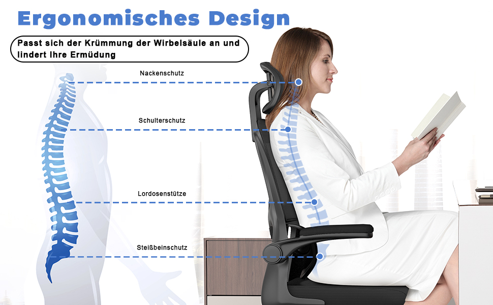 Офісне крісло Naspiro - ергономічне, з регульованою підголовником, підлокітниками та підтримкою попереку, чорне