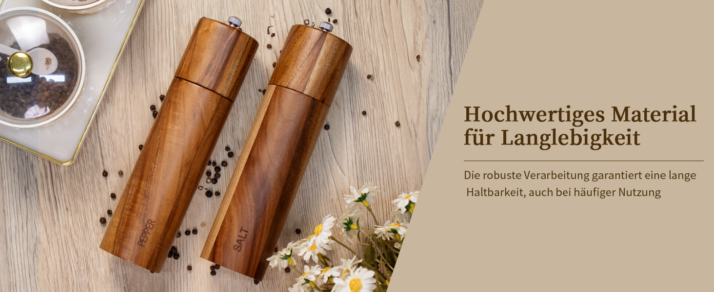 Набір з 2 дерев'яних мельниць для солі та перцю, ручні, 20 см, з регульованим керамічним жорном, для солі та перцю, у подарунковій коробці