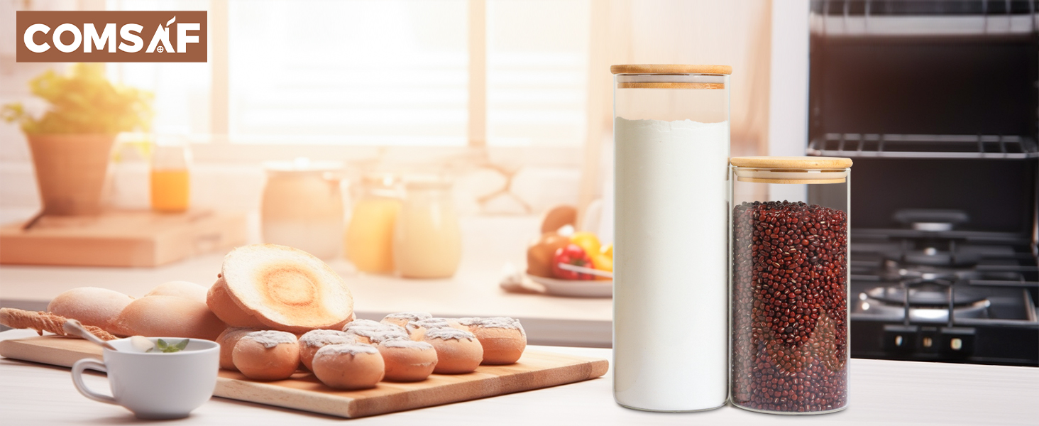 Набір скляних банок ComSaf з дерев'яною кришкою 400 мл (4 шт) + 750 мл (4 шт) для зберігання круп, спецій, кави