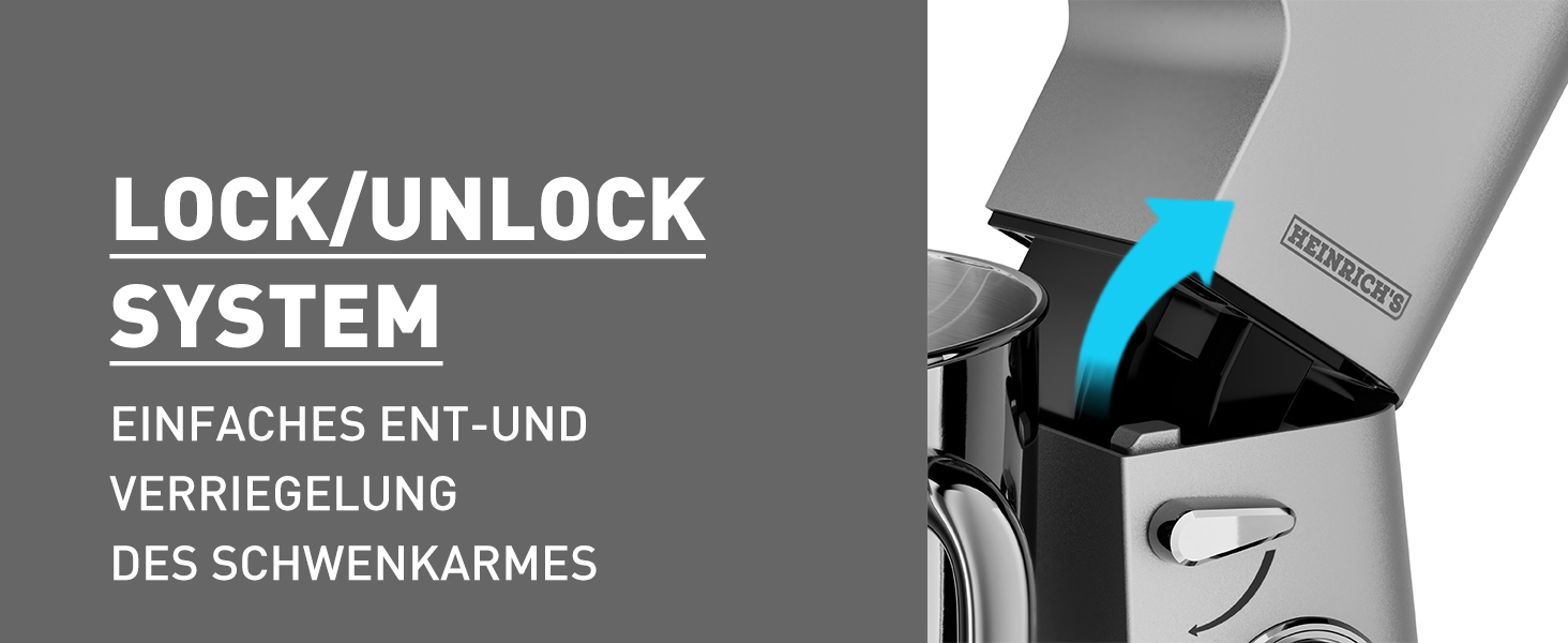 Кухонна машина Heinrichs з подвійним гаком для тіста, міксер, 2500W, 8L чаша з нержавіючої сталі, 8 швидкостей, тиха робота, колір