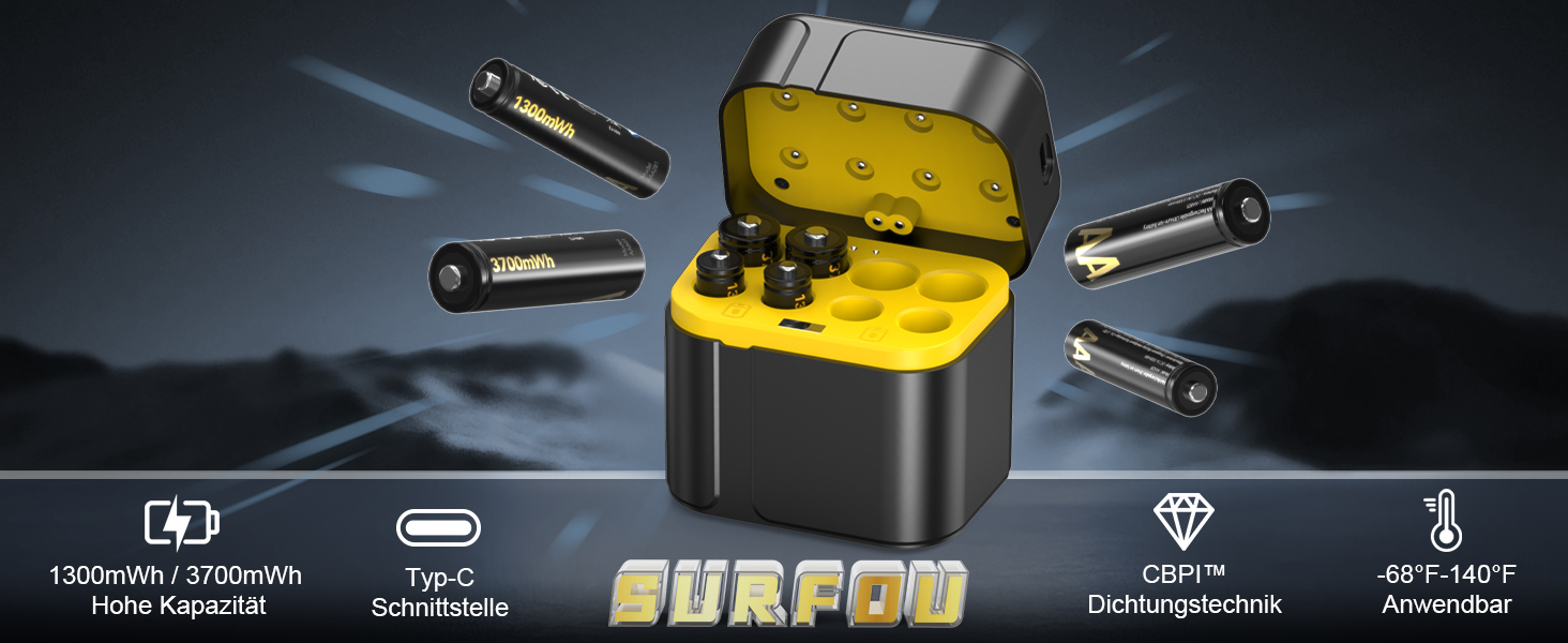 SURFOU Акумулятори Li-Ion 4xAA + 4xAAA з зарядним пристроєм, 1300 мАг, 1600+ циклів, 4xAA 3700мАг, 4xAAA 1300мАг