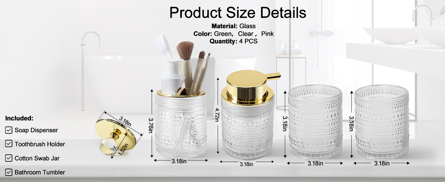 Набір аксесуарів для ванної кімнати Dasiton (4 шт.) з прозорого скла: мильниця, тримач для зубних щіток, стаканчик, контейнер для ватних паличок. Зелений/Прозорий (A)