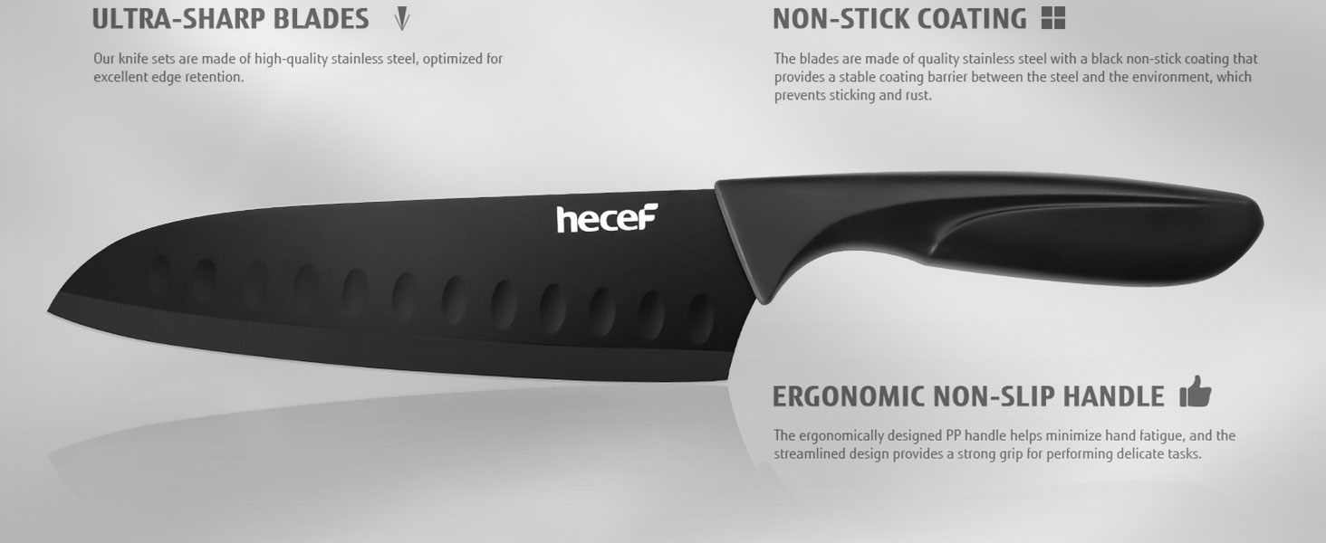 Набір кухонних ножів hecef (15 предметів) з антипригарним покриттям та захисним чохлом, чорний
