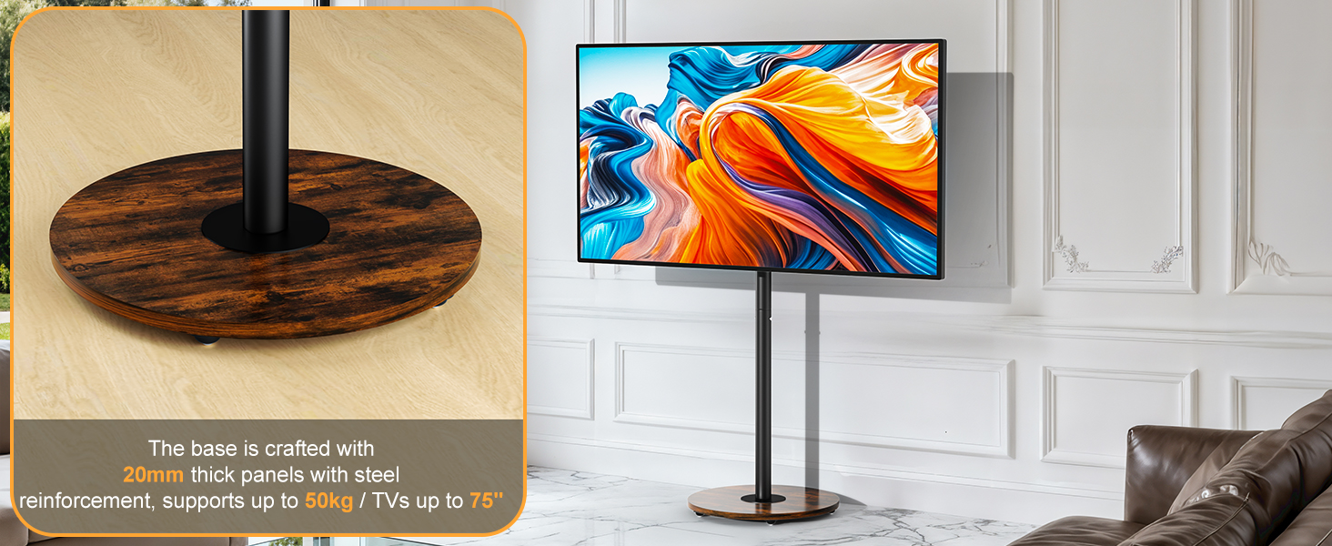 Підставка для телевізора Unho з регульованою висотою та коліщатками, для екранів 40-75 дюймів, VESA 600x400 мм, до 50 кг (Чорний)