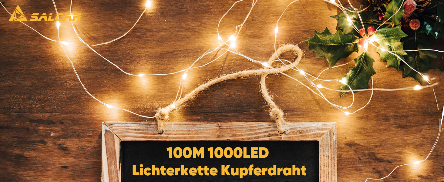 SALCAR 100 метрів LED гірлянда на мідному дроті, 1000 світлодіодів, 8 режимів, вологостійка, для декорування ялинки, кімнати, саду, вечірки, весілля, тепле біле світло