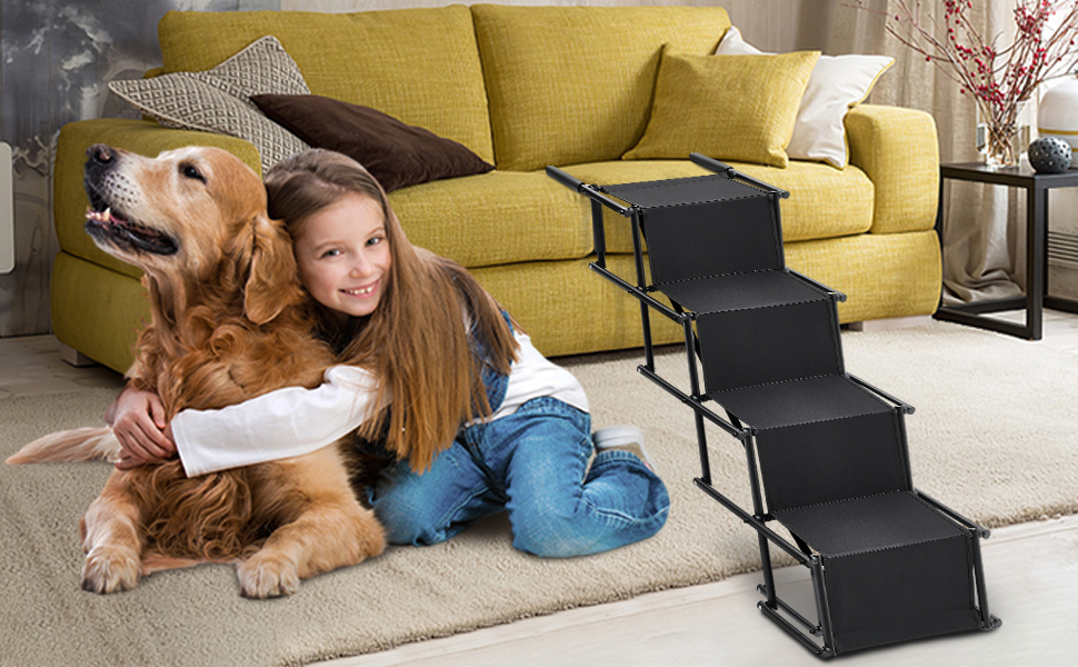 Folding Dog Ramp for Cars - 4 Step Pet Staircase, Up to 80kg, Black - Gentle on Joints