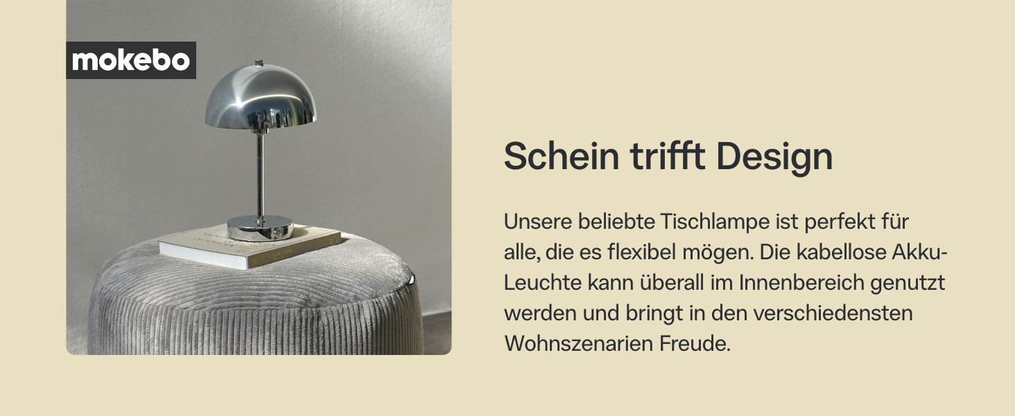 Mokebo® LED настільна лампа бездротова, акумуляторна, з регулюванням яскравості та USB-C, 'The Lighthouse', вінтажна лампа-горщик, грибний світильник та настільна лампа кольору тауп, метал, з батареєю, тепле біле світло, сріблястий колір