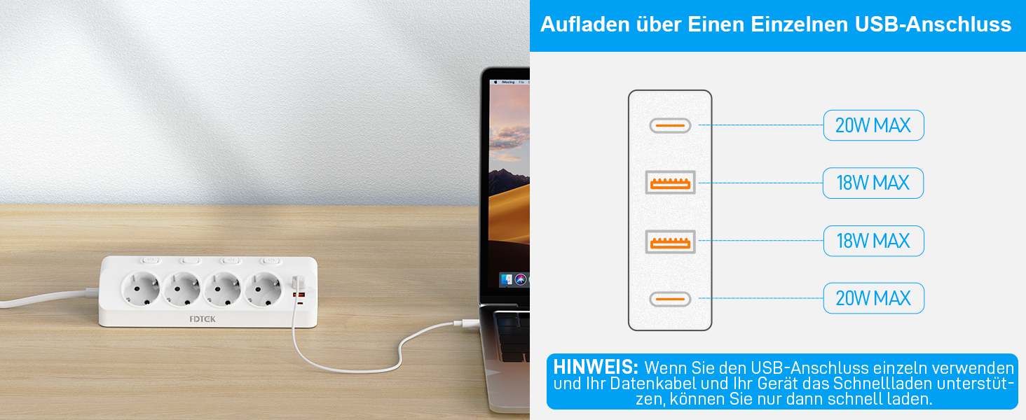 Мережевий адаптер PD 20W з плоским штеплером, розетка FDTEK на 4 слоти з індивідуальним вимикачем, 4000W, 16A, USB-C, розетка для столу з вимикачем, настільна розетка з кабелем 2м (білий)